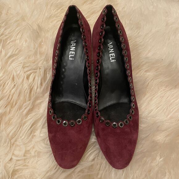 Van Eli 8N Suede Wedge Pumps | Plum Purple, Grommet Trim, Comfort Heels - Picture 7 of 8